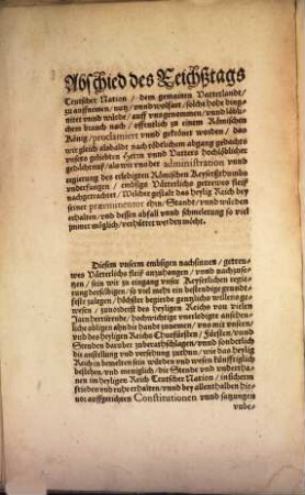 Abschiedt Der Römischen Keyserlichen Maiestatt, vnnd gemeiner Ständt, auff dem Reichßtag zu Augspurg, Anno Domini M.D.LXVI. auffgericht