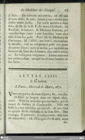 Lettre CXXVI. A la même. A Paris, Mécredi 6. Mars, 1672