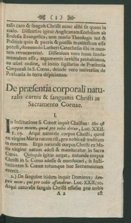 De praesentia corporali naturalis carnis & sanguinis Christi in Sacramento Coenae.