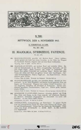 III. Majolika, Steinzeug, Fayence (Nr. 261-279)