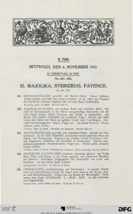 III. Majolika, Steinzeug, Fayence (Nr. 261-279)