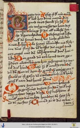 (35r) Eingeklebte Initiale (B), männliche Figur mit Bart (David?).