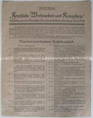 Liste der Exponate einer Ausstellung zur feindlichen Kriegspropaganda