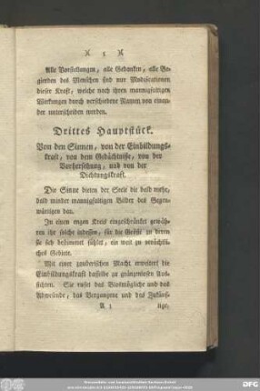 Drittes Hauptstück. Von den Sinnen, von der Einbildungskraft, von dem Gedächtniße, von der Vorhersehung, und von der Dichtungskraft.