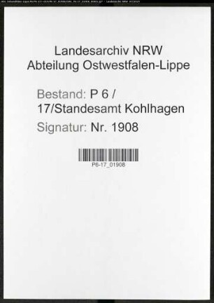 Sterberegister Standesamt Kohlhagen