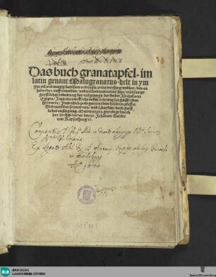 Das Buch Granatapfel, im Latin genant Malogranatus : helt in ym gar vil ... Underweysung und Leer ...