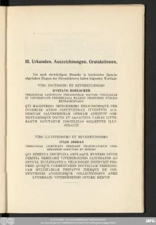 III. Urkunden. Auszeichnungen. Gratulationen.