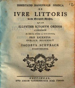 Diss. inaug. ... de iure littoris, vom Strand-Rechte