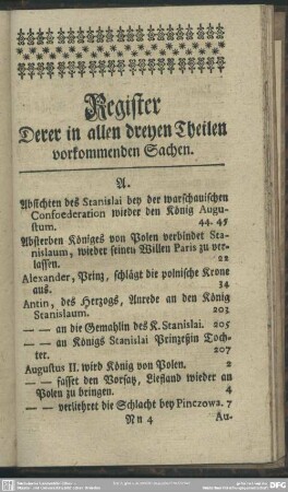 Register Derer in allen dreyen Theilen vorkommenden Sachen