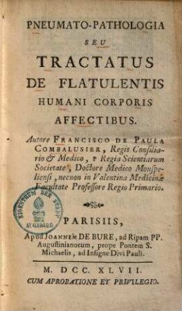 Pneumato-Pathologia Seu Tractatus De Flatulentis Humani Corporis Affectibus