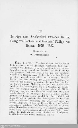 III. Beiträge zum Briefwechsel zwischen Herzog Georg von Sachsen und Landgraf Philipp von Hessen : 1525-1527