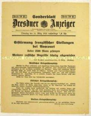 Nachrichtenblatt des "Dresdner Anzeiger" mit verschiedenen militärischen Kurzmeldungen zum Kriegsgeschehen