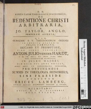 Dissertatio Theologica Inauguralis, De Redemtione Christi Arbitraria, A Jo.Taylor, Anglo, Perperam Asserta
