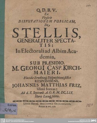 Ex Physicis Disputationem Publicam, De Stellis, Generaliter Spectatis