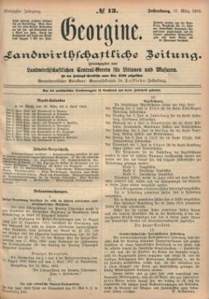 Siebzigster Jahrgang. No. 13. Insterburg, 27. März 1902.
