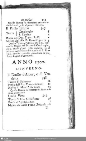 Catalogo De' Drami In Musica Anno 1700 - Anno 1730