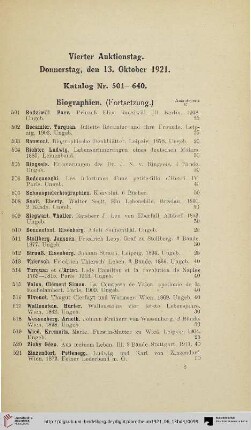 Vierter Auktionstag: Donnerstag, den 13. Oktober 1921 (Nr. 501-640)