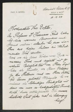 Brief von Alois Brandl und Jula Brandl an Gerhart Hauptmann