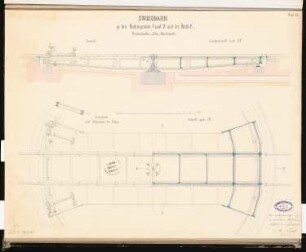 Hochofenanlage mit Verbindungsbahn Schinkelwettbewerb 1863: Drehscheibe: Grundriss auf 2 Ebenen, Aufriss Seitenansicht; Maßstabsleiste