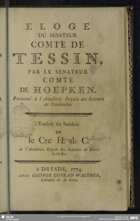 Eloge Du Senateur Comte De Tessin