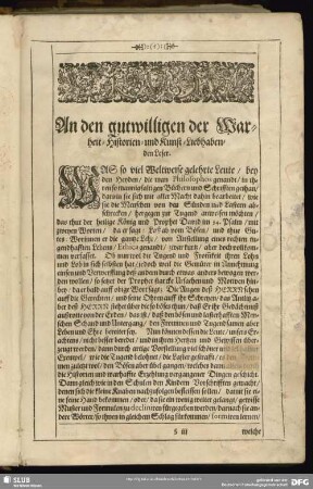An den gutwilligen der Warheit- Historien- und Kunst-Liebhabenden Leser