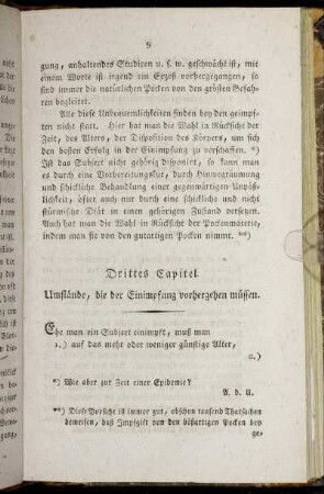 Drittes Capitel. Umstände, die der Einimpfung vorhergehen müssen.