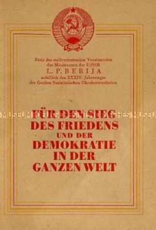 Broschüre mit dem Text der Rede von L. Berija zum 34. Jahrestag der Oktoberrevolution