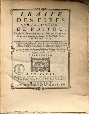 Traité des fiefs sur la coutume de Poitu, 2