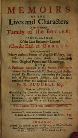 Memoirs of the Life and Character of the late Earl of Orrery and of the family of the Boyles