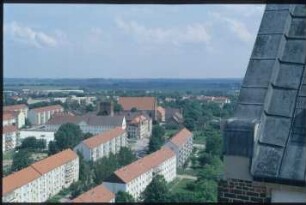 Prenzlau, Marienkirche,Prenzlau, Nikolaikirche (53.311, 13.86),Prenzlau, Steintorturm : Blick von Marienkirche nach Süden