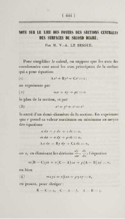 Note sur le lieu des foyers des sections centrales des surfaces du second degré.