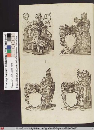 Oben rechts: Frau mit Federfächer neben einem leeren Wappenschild.