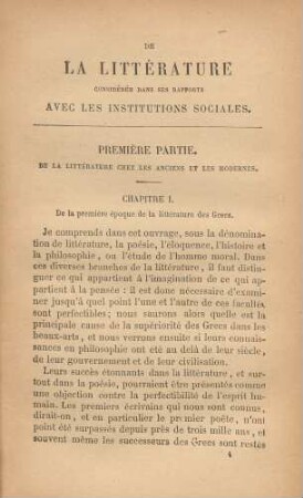 Première partie. De la littérature chez les anciens et les modernes