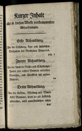 Kurzer Inhalt aller in diesem Werke vorkommende Abhandlungen.
