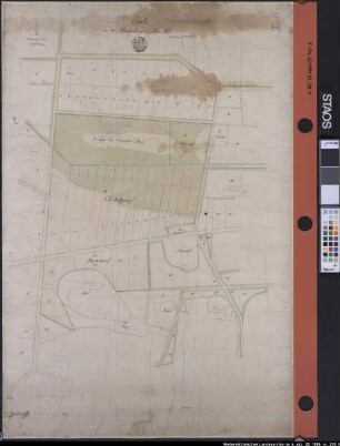 Teilung der SCHLEDEHAUSEN-NIEDERBERGER Mark Karte von der Niederberger Mark Ausführungsart: farbige Handzeichnung auf Karton, auf Büttenpapier aufgezogen Hersteller: Leutnant W. Lorenz Format: 98 x 65,3 cm Maßstab: ca. 1 : 1500