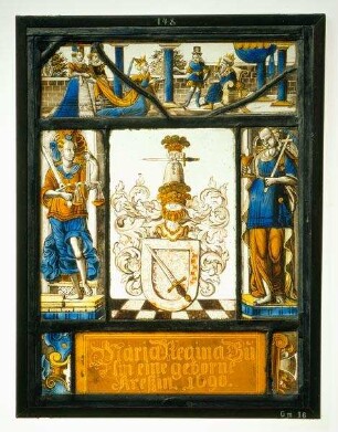 Wappenscheibe der Maria Regina Bül (Bühl) geb. Kress mit der Königin von Saba vor Salomon im Oberlicht und den Tugenden der Gerechtigkeit und des Glaubens an den Seiten