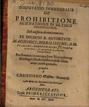 Disputatio Inauguralis De Prohibitione Alienationis In Ultimis Voluntatibus
