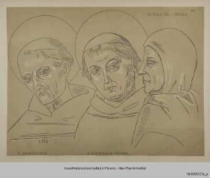 Oberkörper der Heiligen Bernhard von Siena und Antonius von Padua sowie eines Franziskanermönches (nach einem Fresko von Tiberio d'Assisi in Santa Maria degli Angeli in Assisi)