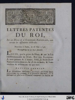 Lettres Patentes du Roi, Sur un Décret de l'Assemblée Nationale, concernant les Assemblées électorales.