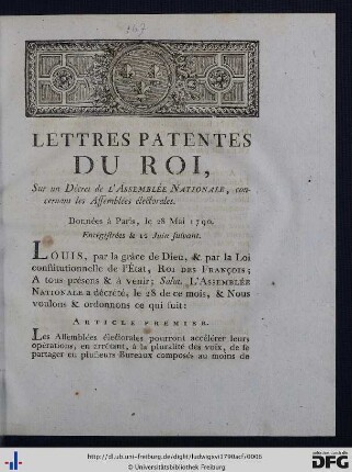 Lettres Patentes du Roi, Sur un Décret de l'Assemblée Nationale, concernant les Assemblées électorales.