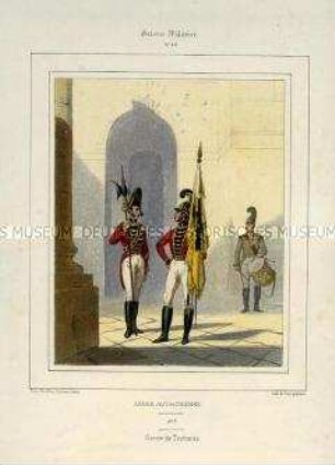 Uniformdarstellung, Gardist, Fahnenträger mit Fahne und Trommler der Trabanten-Leibgarde, Österreich, 1840/1850. Tafel Nr. 46 aus: Galerie Militaire.