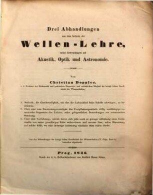 Drei Abhandlungen aus dem Gebiete der Wellen-Lehre, nebst Anwendungen auf Akustik, Optik und Astronomie
