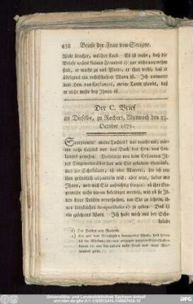 Der C. Brief an Dieselbe, zu Rochers, Mittwoch den 28. October 1671.