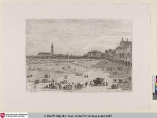 Prà della Valle [Ansicht des Prato della Valle mit Szenen aus dem Alltagsleben; im Hinterfgrund der linken Bildhälfte die "Chiesa della Misericordia", am rechten Eckpunkt des Platzes das Collegio Universitario]