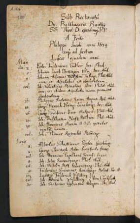 Sommerhalbjahr 1674. Rektorat Balthasar Raith