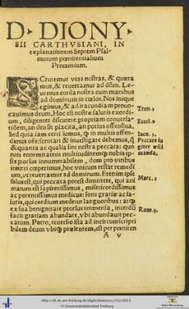 Domini Dionysii in explanationem Septem Psalmorum pœnitentialium Proœmium