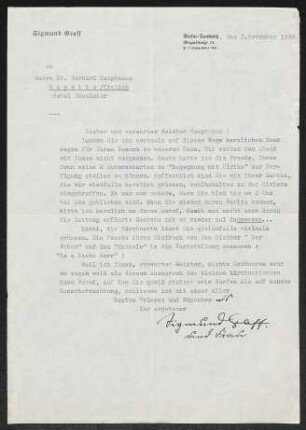 Brief von Sigmund Graff und Susanne Graff an Gerhart Hauptmann