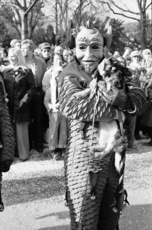 Freiburg: Freiburger Fasnet 1977 [Umzug, Freiburger Feuernarr mit Hund]