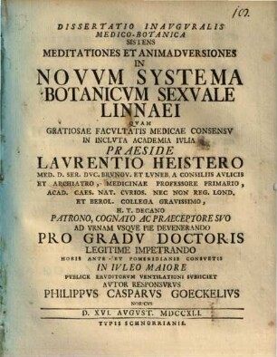 Meditationes et animadversiones in novum systema botanicum sexuale Linnaei