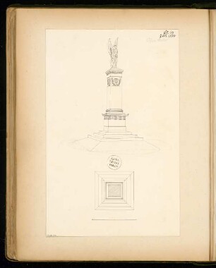 Gefallenendenkmal, Erfurt Monatskonkurrenz Juli 1874: Grundriss, perspektivische Ansicht; Maßstabsleiste